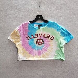 Harvard Women Top Medium Pink Tie Dye T-Shirt Cropped Ve Ri Tas Logo Graphic Tee